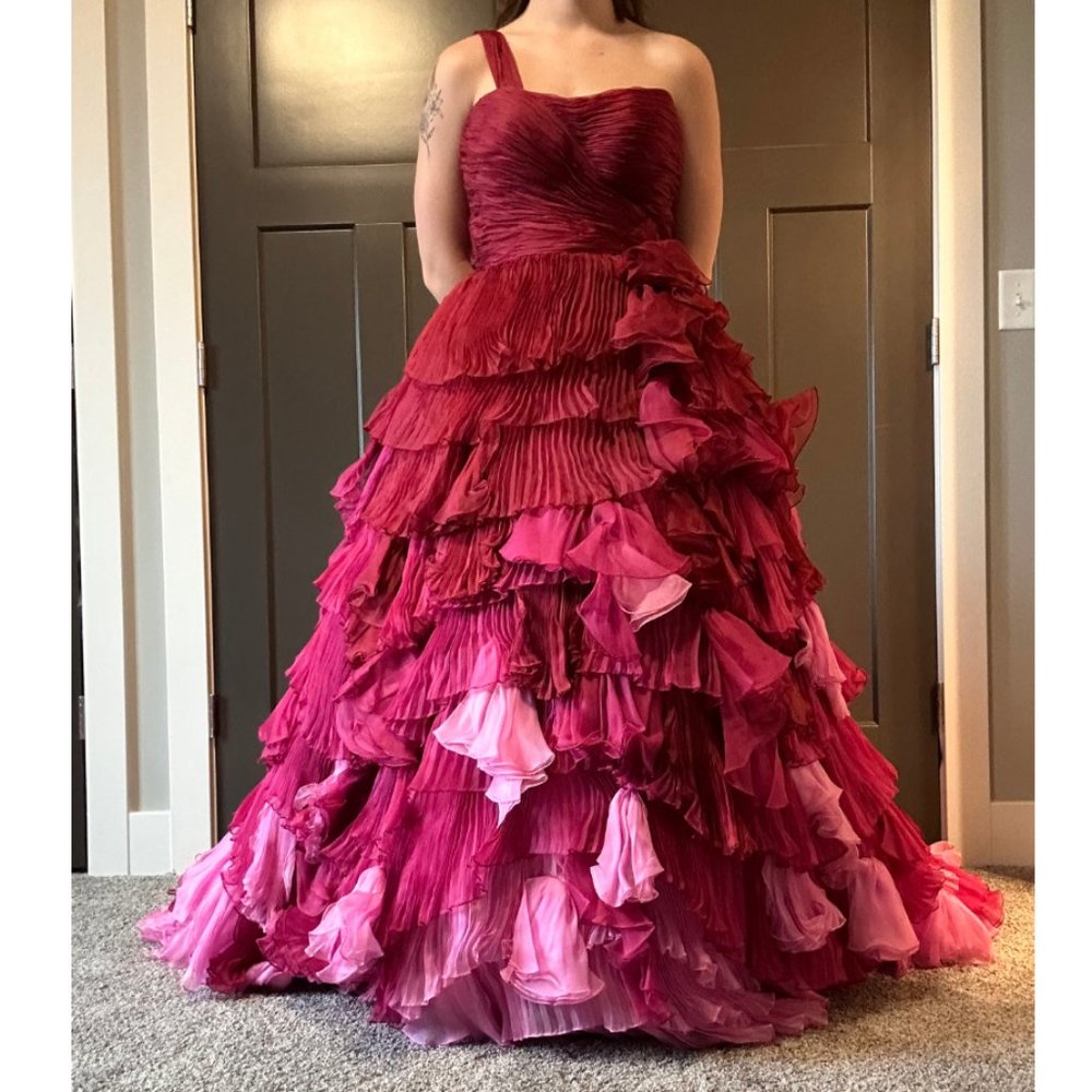 Sherri Hill Couture Pink Ruffles Long Train One Strap One Size Dress